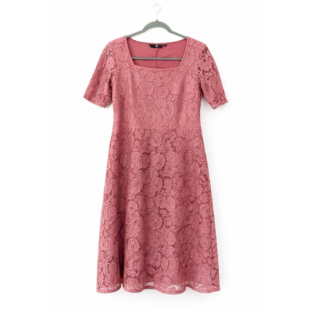 Fig Lace A-Line Midi Dress Floral Rose Pink Square Neck Short Sleeve Size M